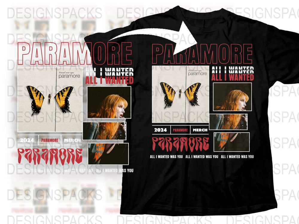 Paramore Band T-Shirt 2024 Tour Merch, 'All I Wanted' Lyric Tee, Butterfly Graphic, Music Fan Apparel