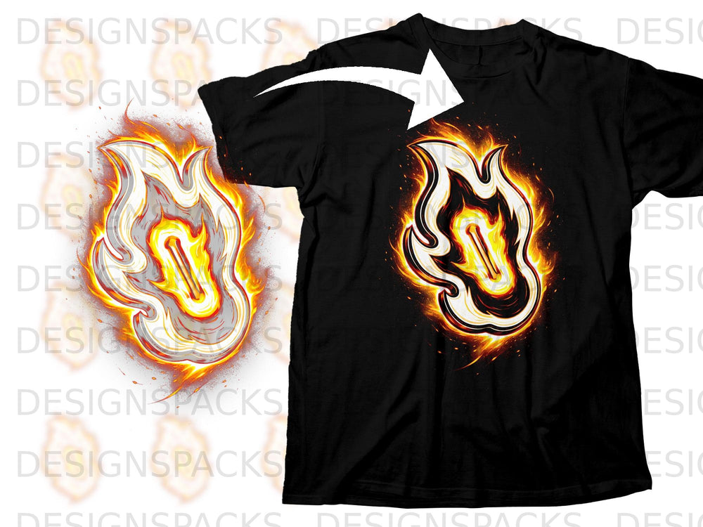 Black t-shirt with a fiery, stylized guitar graphic on the front.