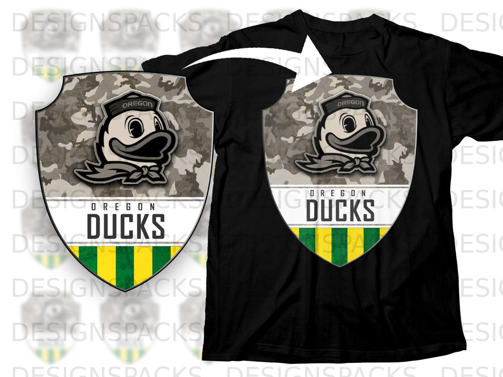 Oregon Ducks logo with camouflage background on a black t-shirt.