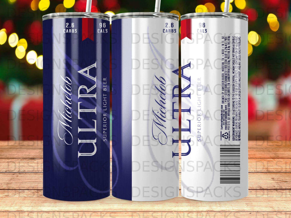 Michelob ULTRA 2.6 carbs 96 calories tumbler with brewing information and warning labels.
