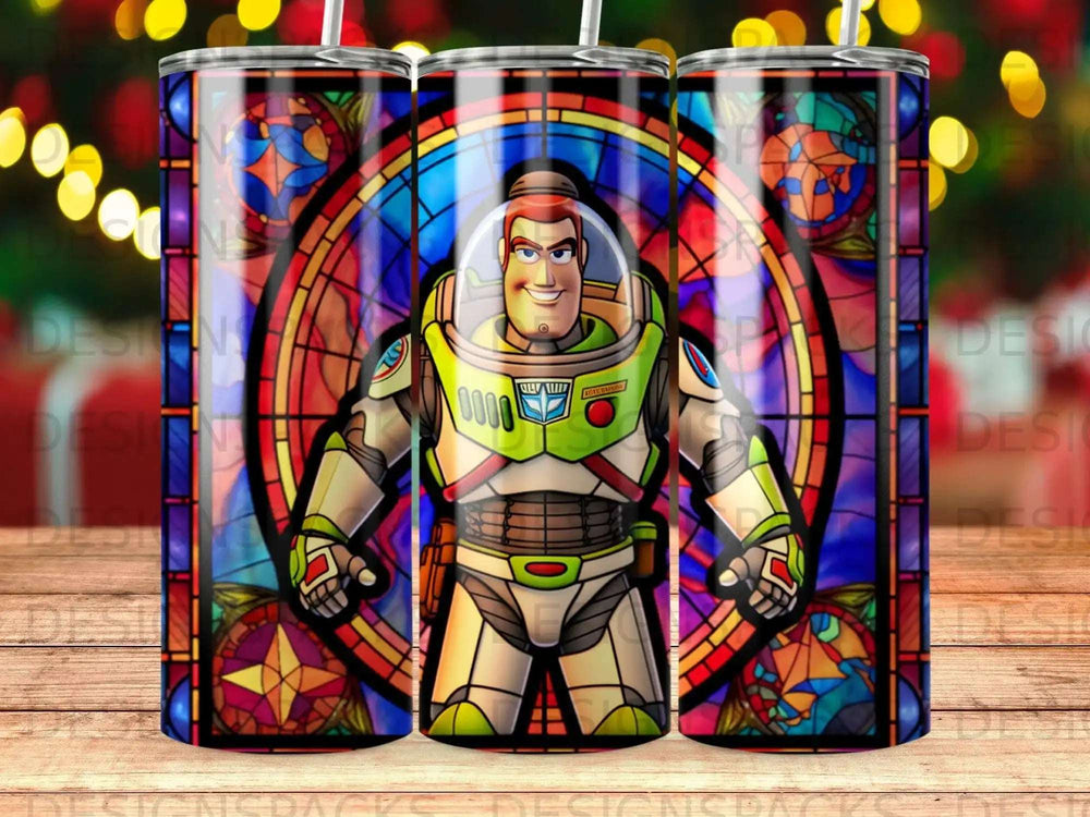 Buzz Lightyear in stained glass pattern on a tumbler.