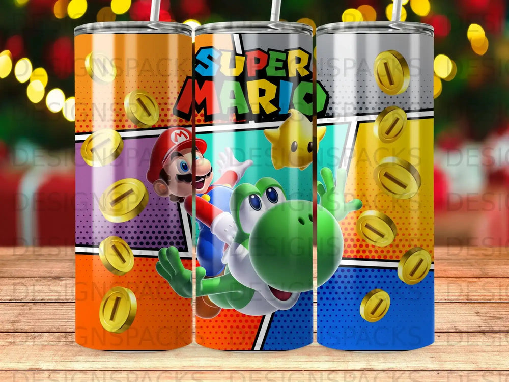 Yoshi jumping in front of Super Mario logo and gold coins.
