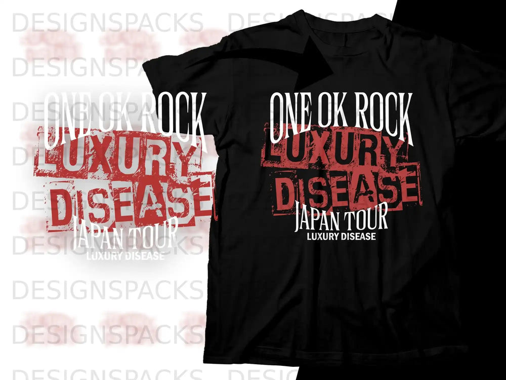 Black t-shirt with "ONE OK ROCK LUXURY DISEASE JAPAN TOUR" graphic.
