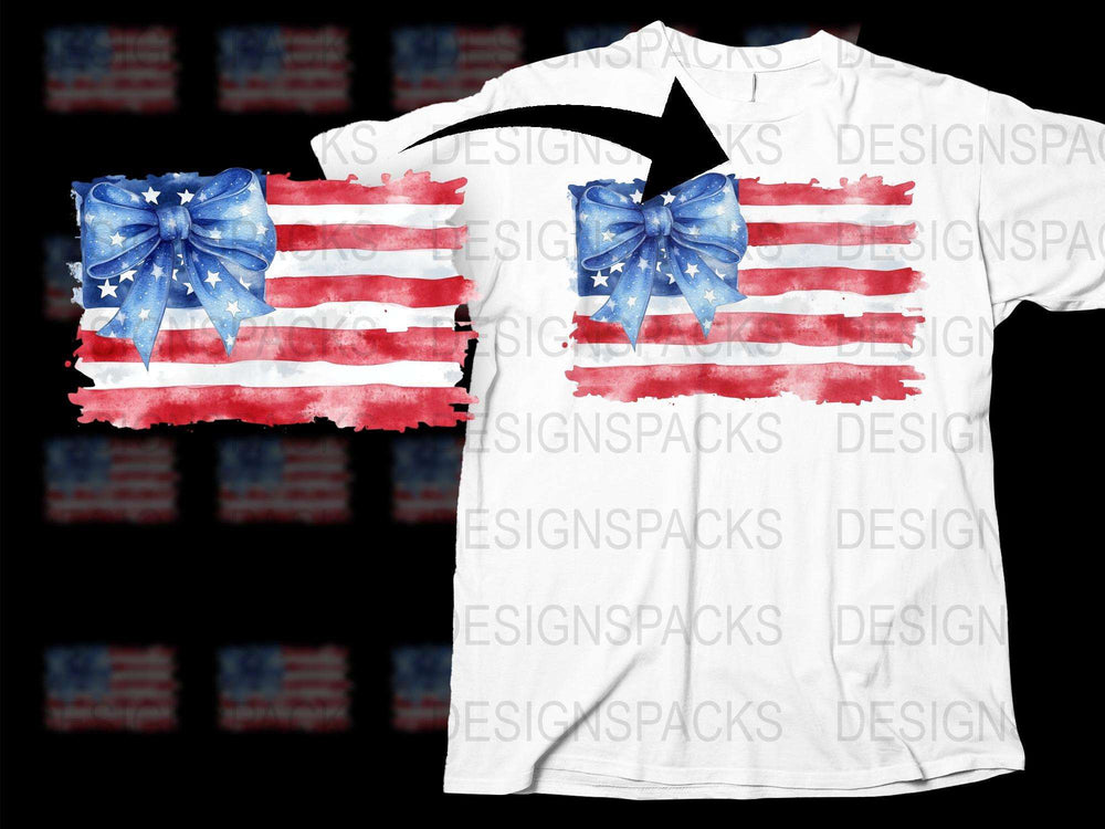 Patriotic American Flag T-Shirt with Blue Bow Design, Red White and Blue, Independence Day Apparel