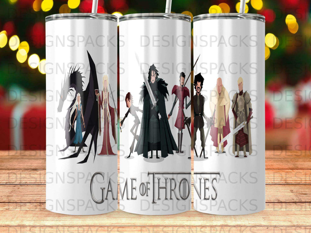 Game of Thrones characters and logo on a tumbler.