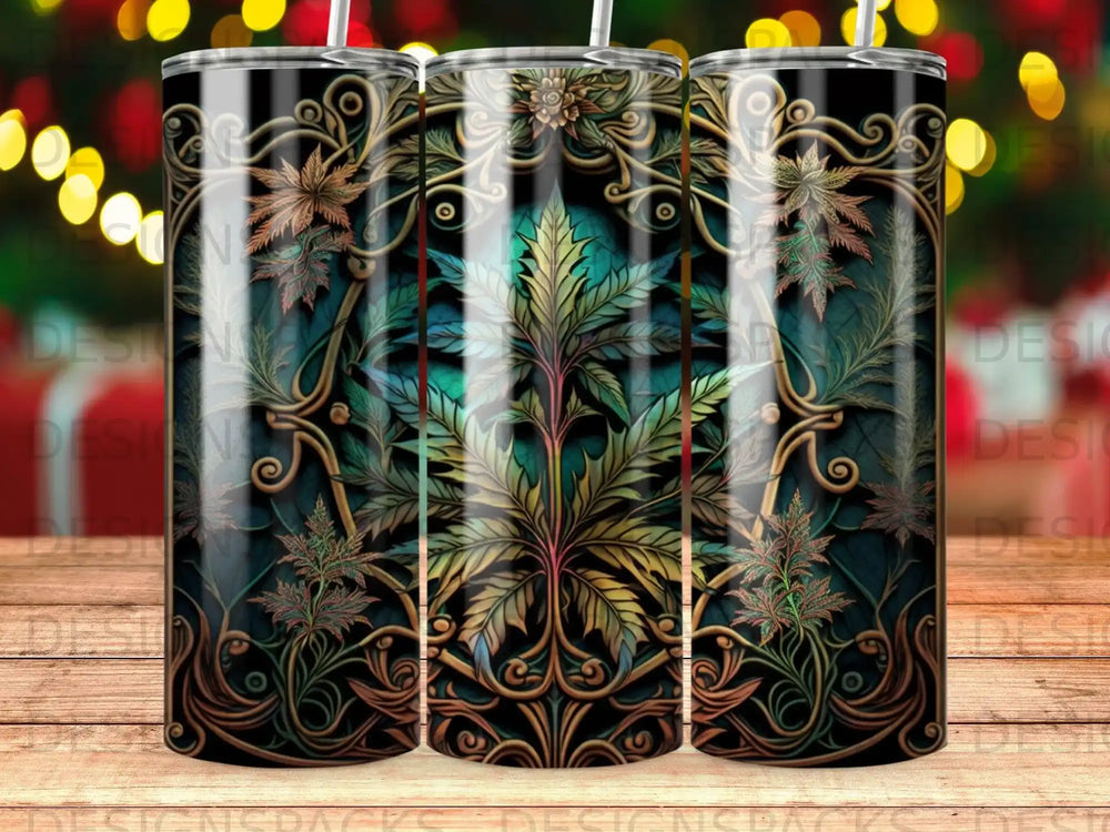 Tumbler with ornate cannabis leaf and floral design.