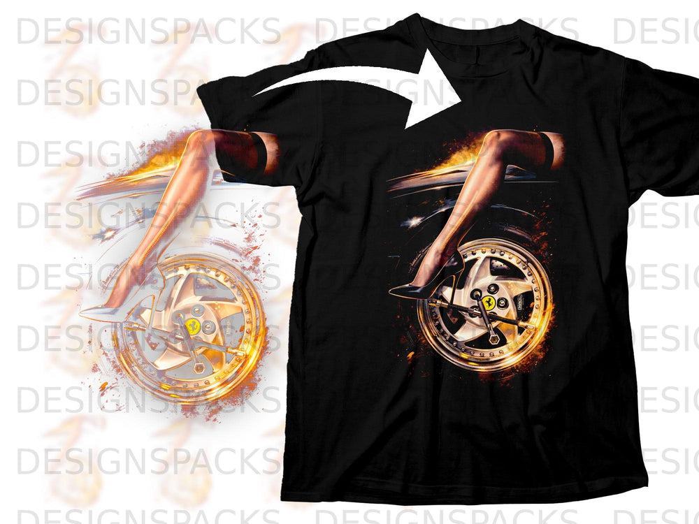 Black t-shirt featuring a woman's legs in heels leaning against a car wheel with fire effects.