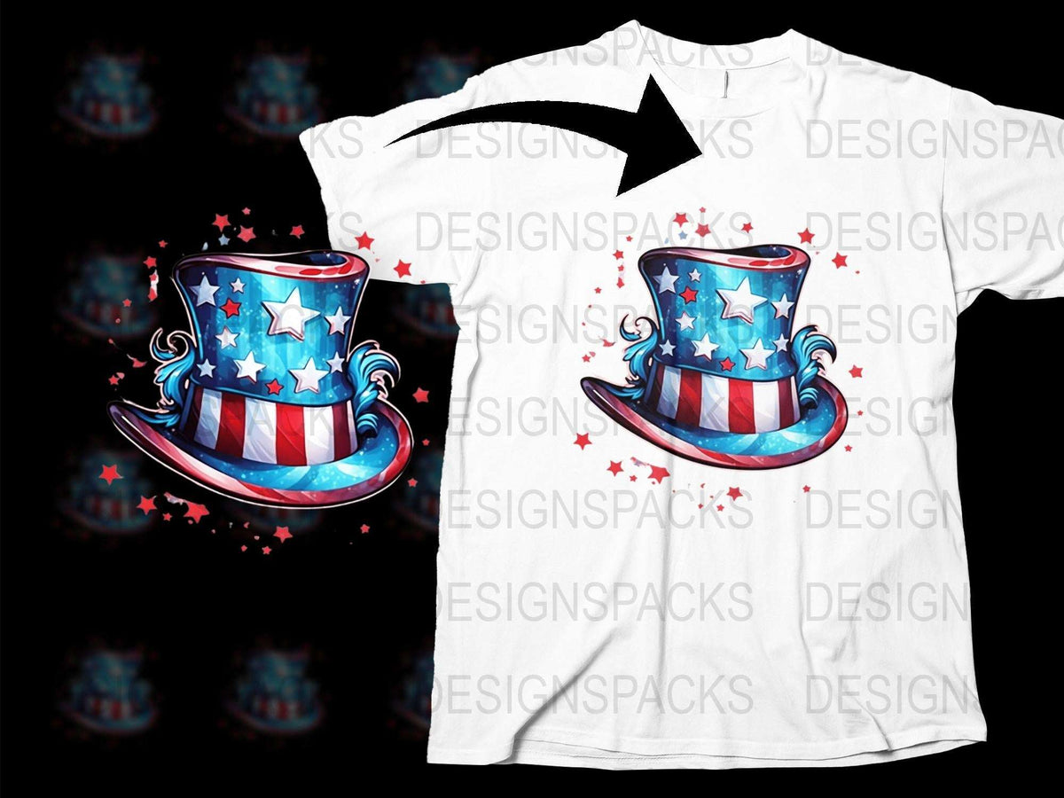 Patriotic American Flag Top Hat T-Shirt, 4th of July Celebration Tee, USA Independence Day, Unisex Adult Clothing