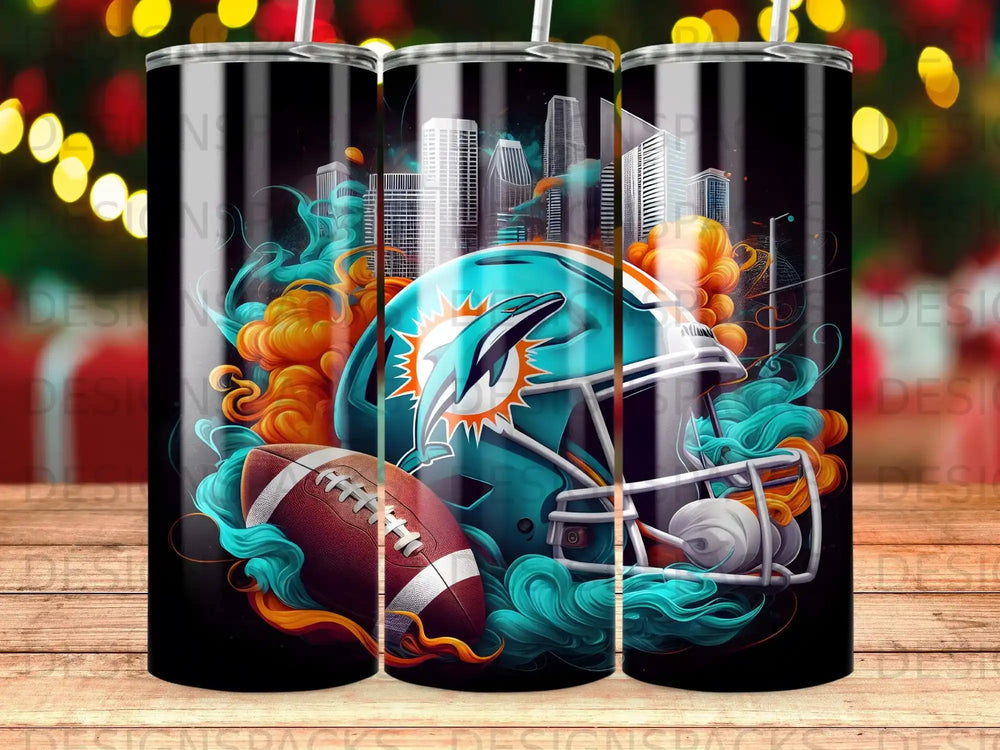 Miami Dolphins helmet and football with city skyline and swirling turquoise and orange accents.