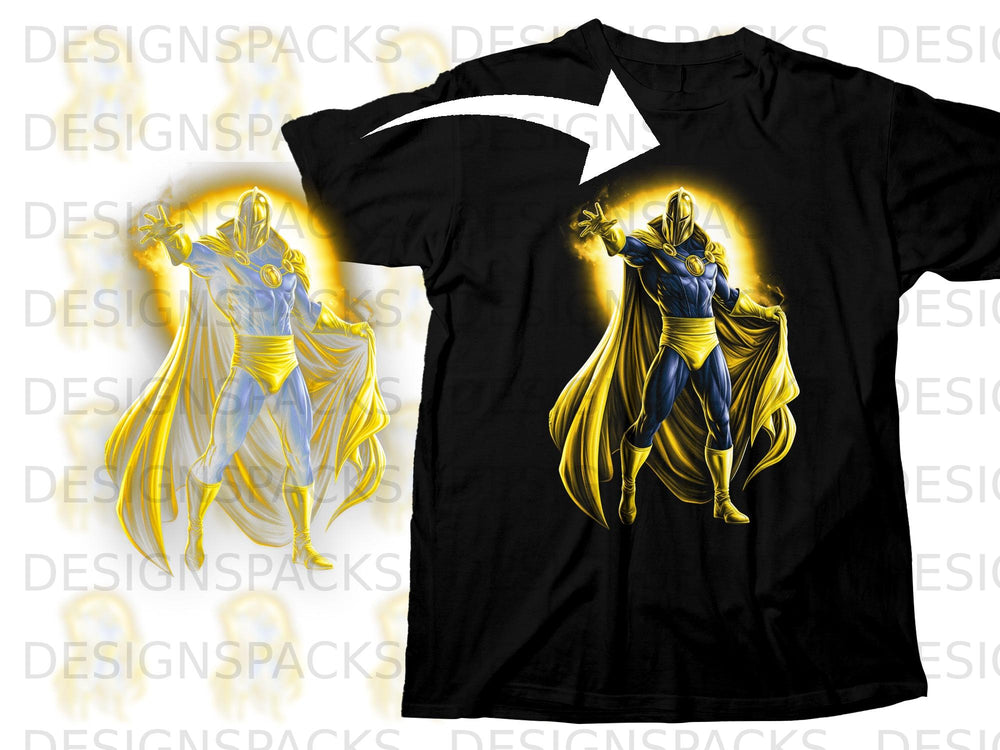 Black t-shirt with Dr. Fate illustration and golden glowing cape.