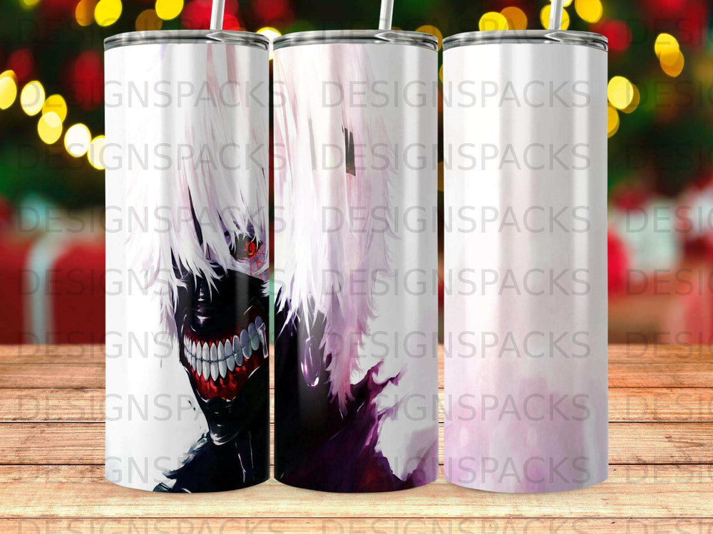 Kaneki Ken from Tokyo Ghoul on a tumbler, white background with bokeh lights.