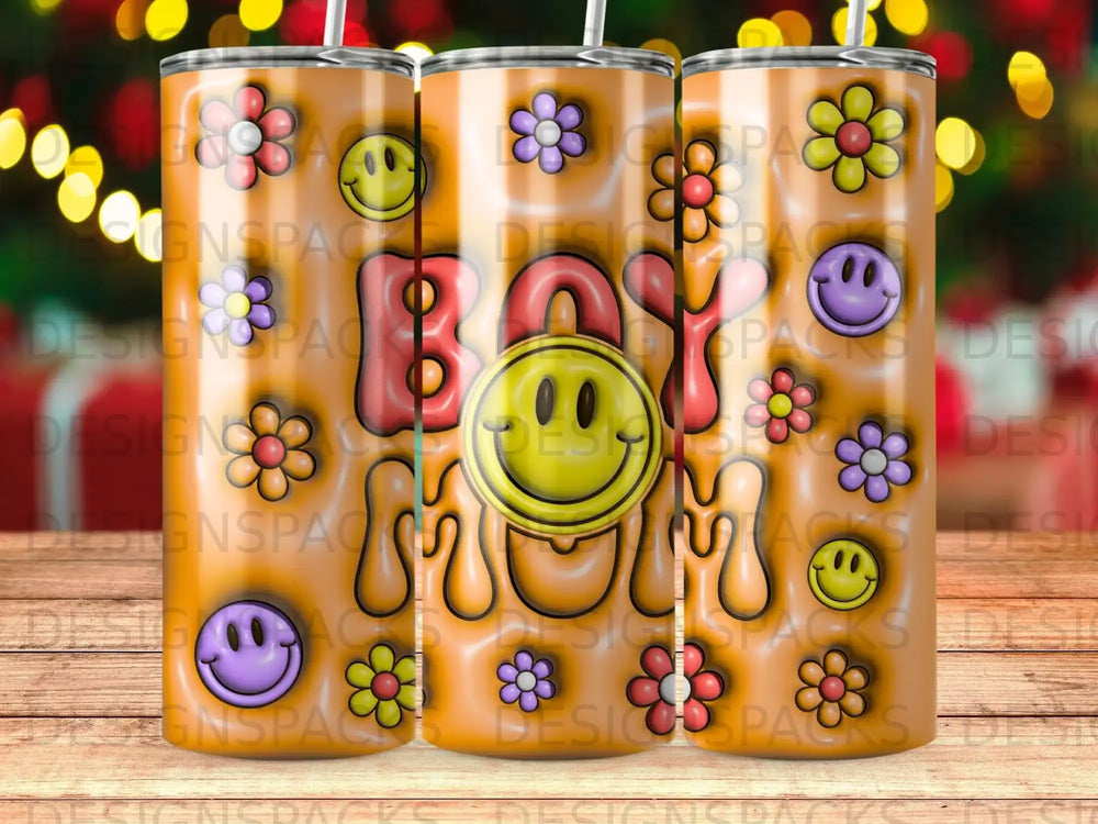 Tumbler with "Boy Mom" text, smiling flowers, and smiley faces.