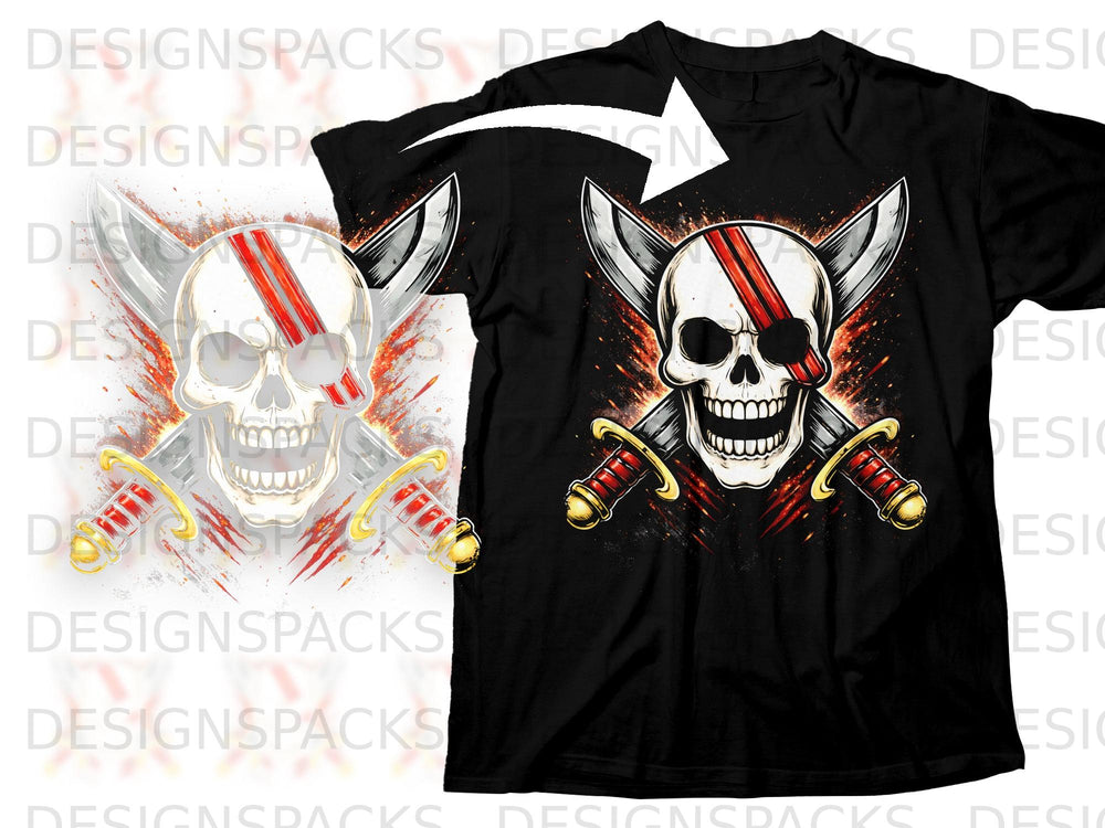 Black t-shirt with a skull and crossed swords design, featuring red stripes.