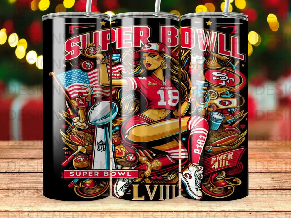 San Francisco 49ers Super Bowl LVIII themed tumbler with football elements.