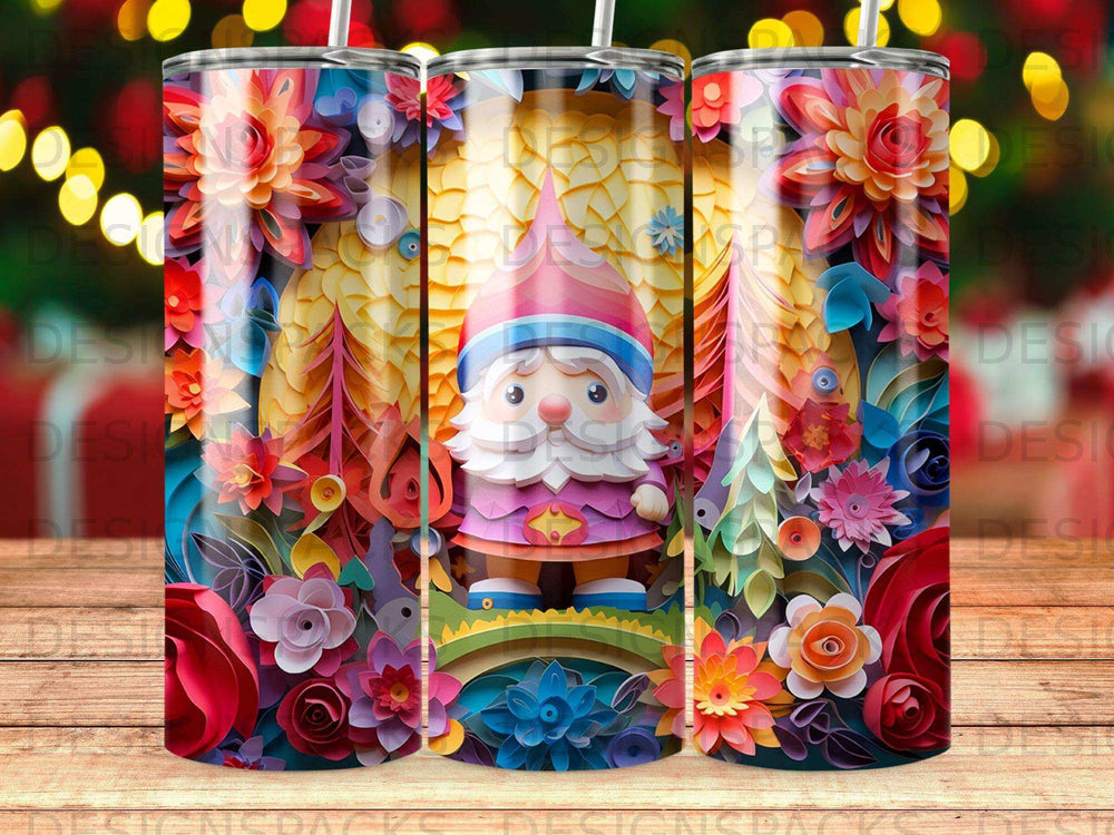 Gnome wearing pink hat and blue overalls among colorful paper flowers.