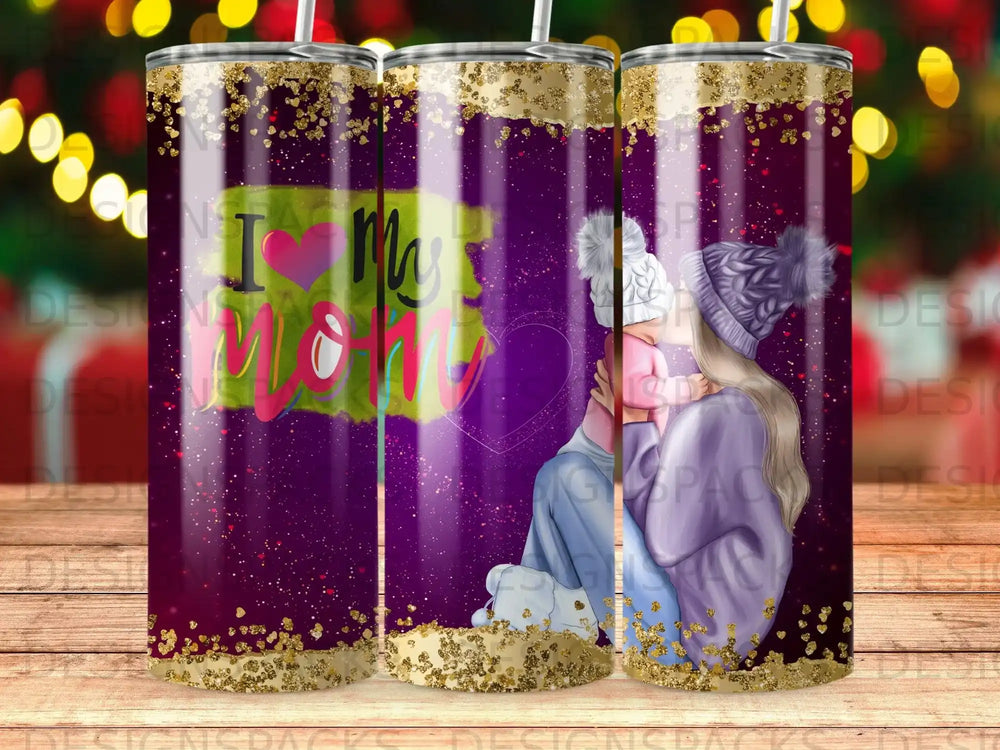 Purple tumbler with glitter and "I Love My Mom" graphic featuring a parent and child.