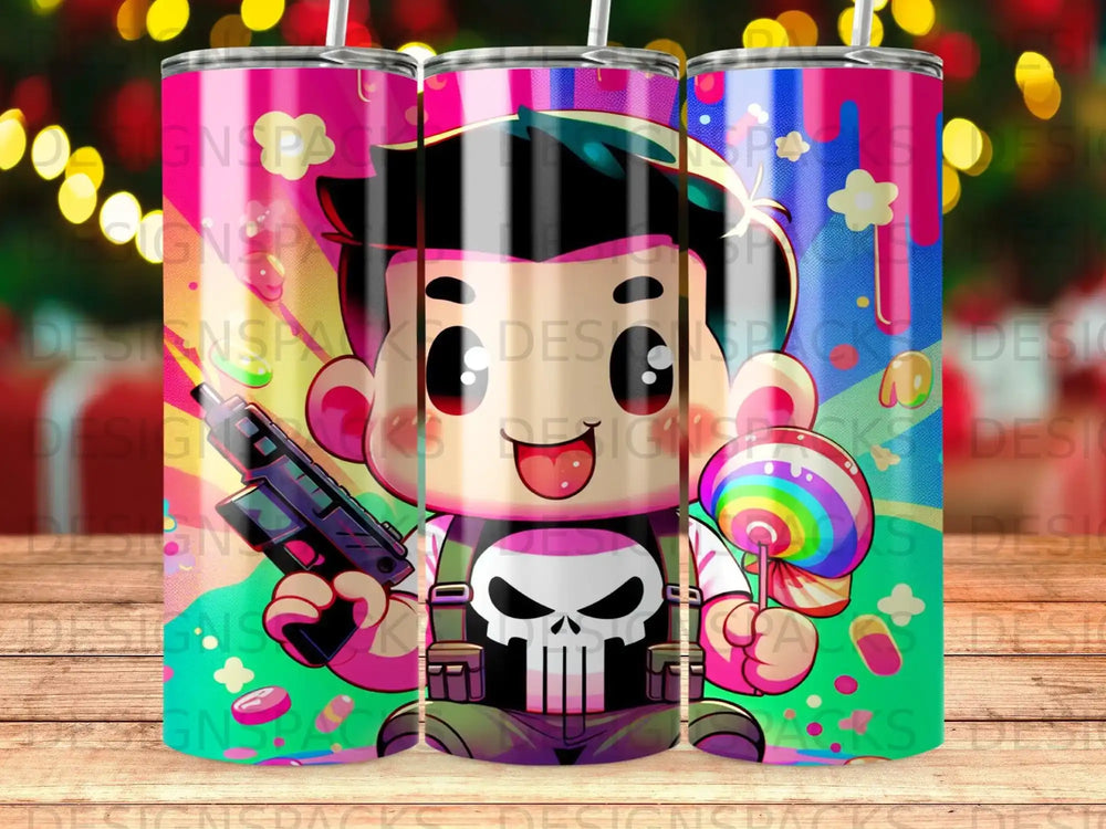 Cartoon character with a skull on chest, holding a gun and lollipop.