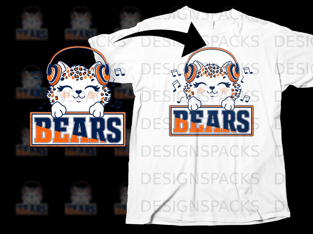 Cartoon leopard wearing headphones with "BEARS" text on white t-shirt.