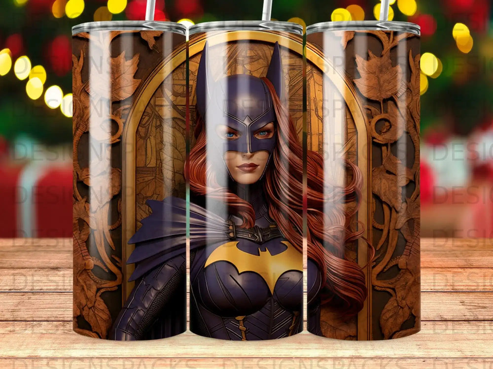 Dark-haired woman in Batman costume with gold bat symbol and decorative background.