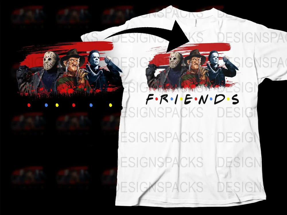 Horror Movie Icons Friends Parody T-Shirt, Funny Scary Film Characters Tee, Unisex Graphic Shirt