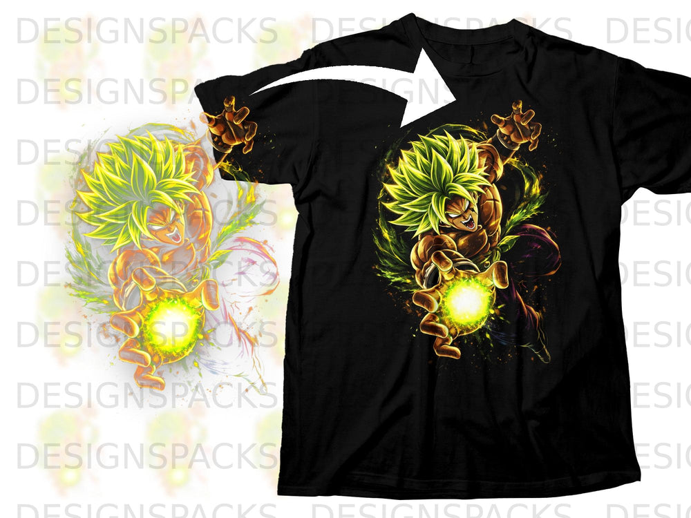 Black t-shirt with an illustration of the anime character Broly charging a green energy ball.