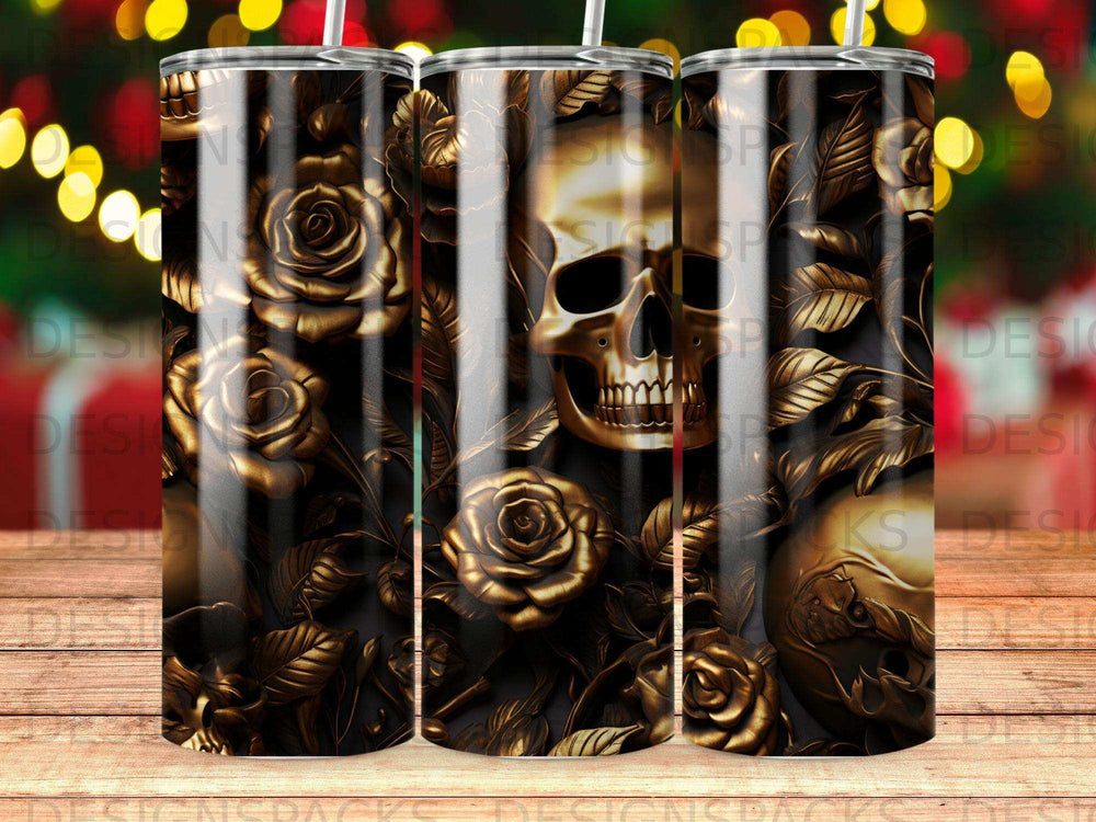 Dark skull and roses design on a tumbler with blurred background lights.