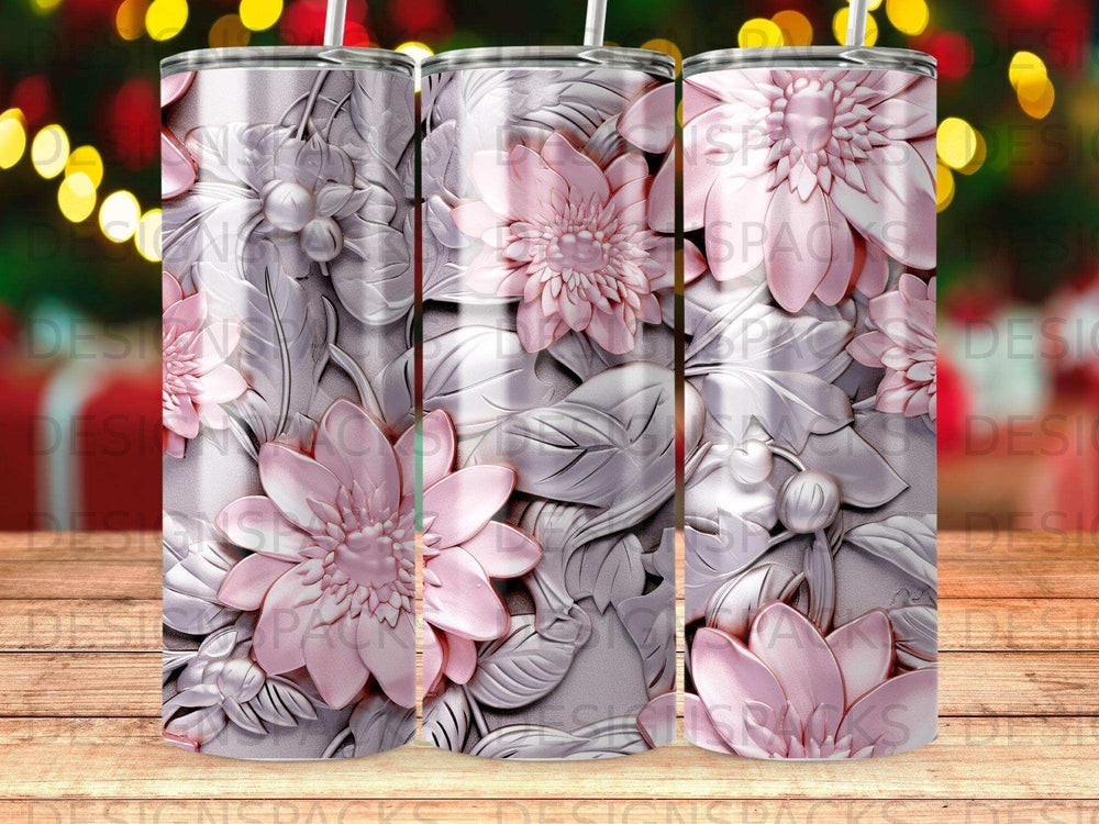 Silver tumbler with embossed pink flowers and foliage.