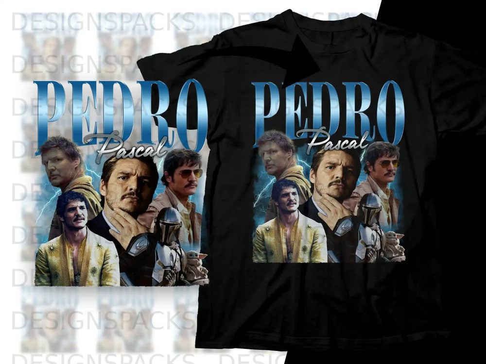 T-shirt design featuring collage of Pedro Pascal images with Baby Yoda.