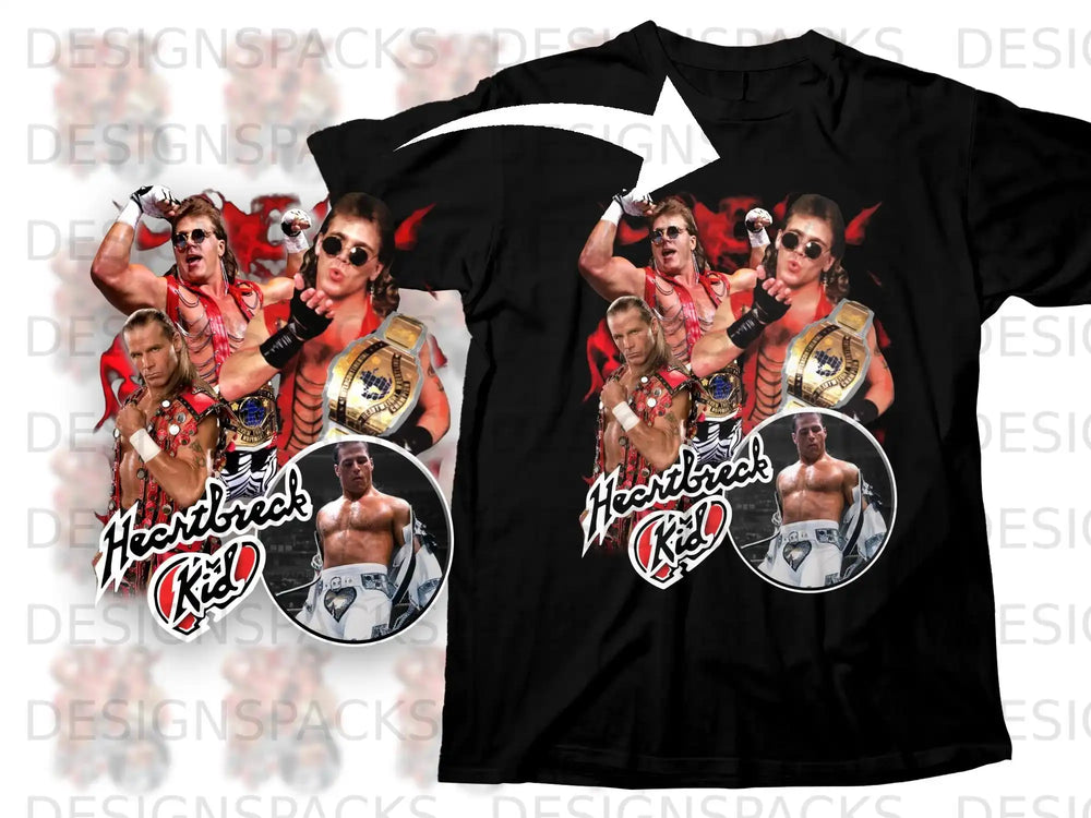 Black t-shirt featuring Heartbreak Kid wrestling graphics and championship belts.
