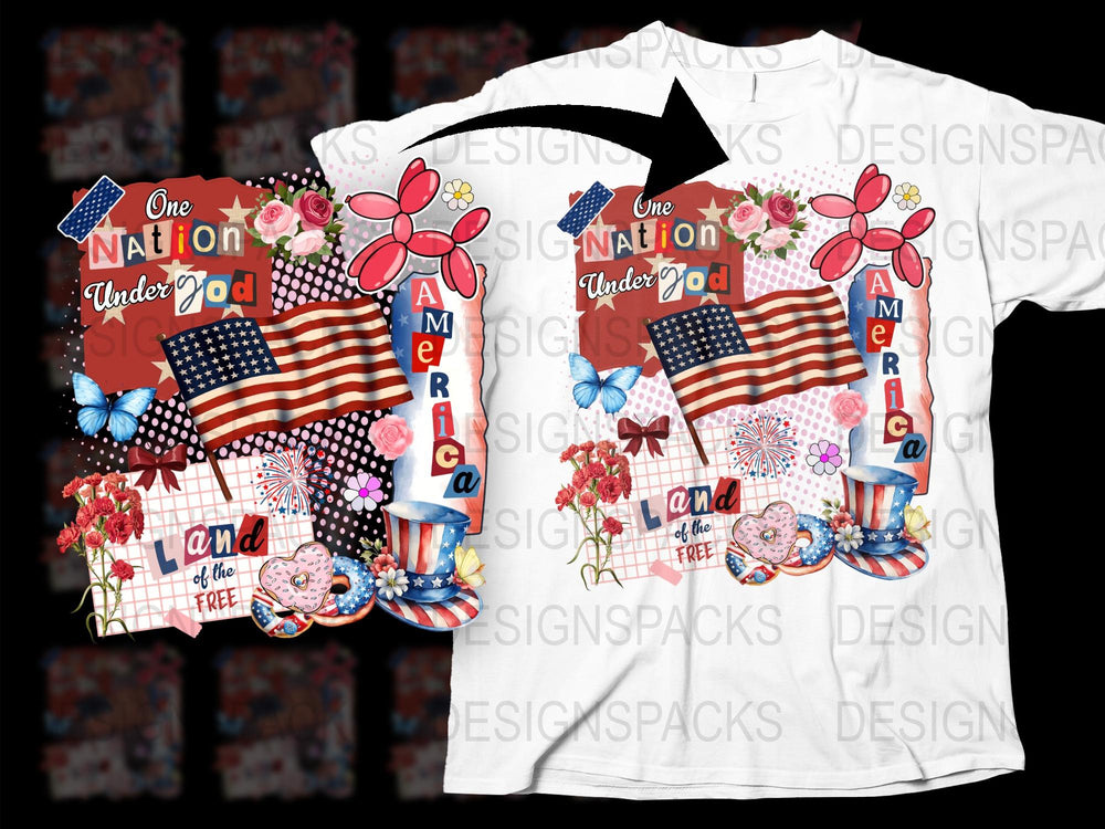 Patriotic T-Shirt with American Flag, Floral Design, One Nation Under God, USA