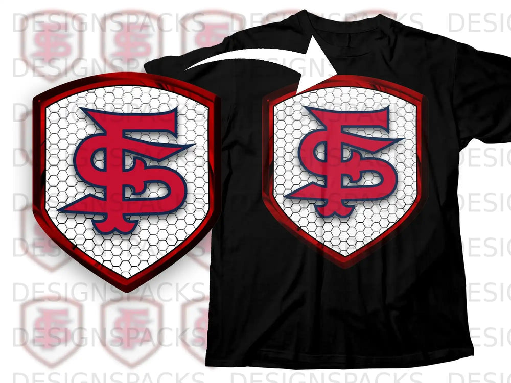Bold Red and White Shield Graphic Design T-Shirt