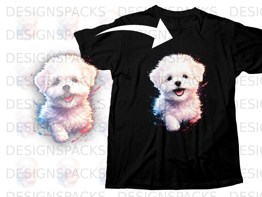 Black t-shirt with a cheerful white puppy graphic and watercolor paint splatters.