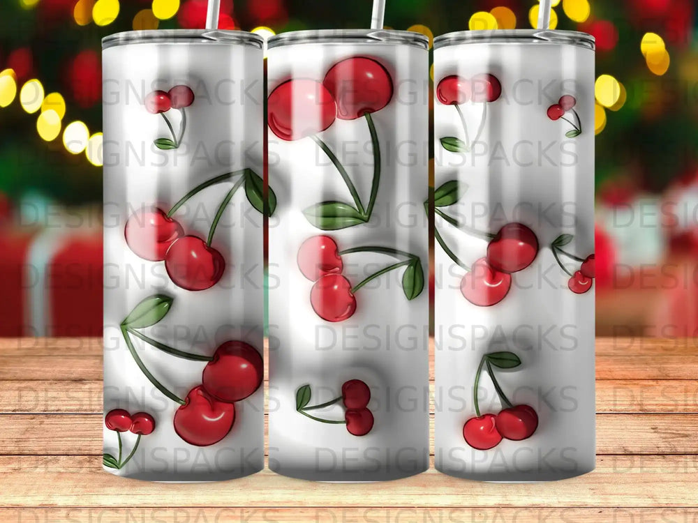 Seamless pattern of red cherries on a white background with bokeh lights.
