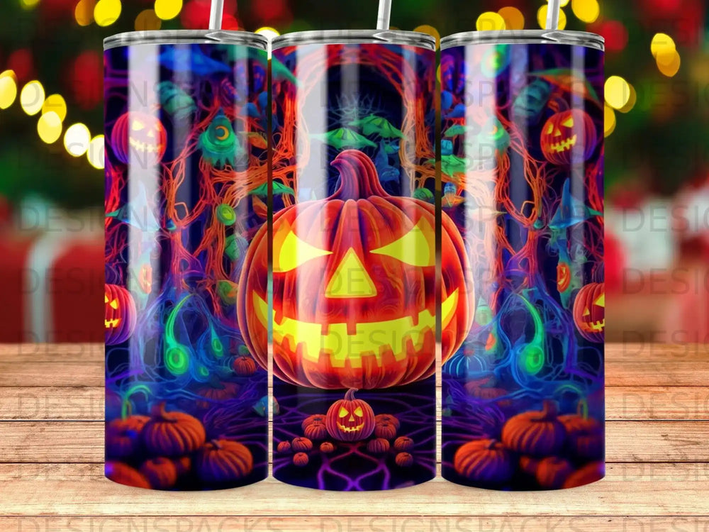 Jack-o'-lantern with swirling colorful background and small pumpkins.