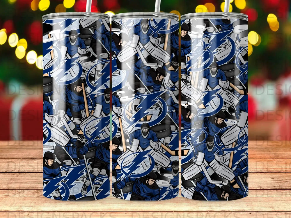 Tampa Bay Lightning hockey goalie pattern on a tumbler.
