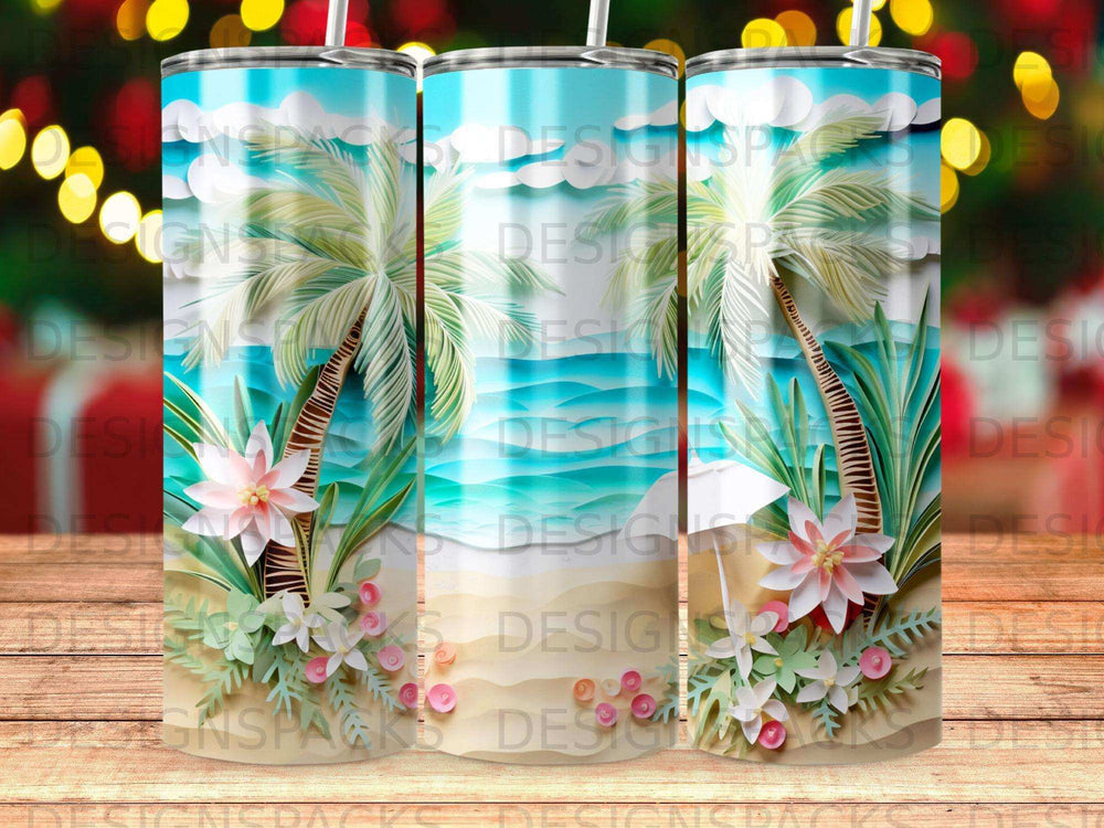 Three tropical beach tumblers with palm trees, ocean, and flowers.