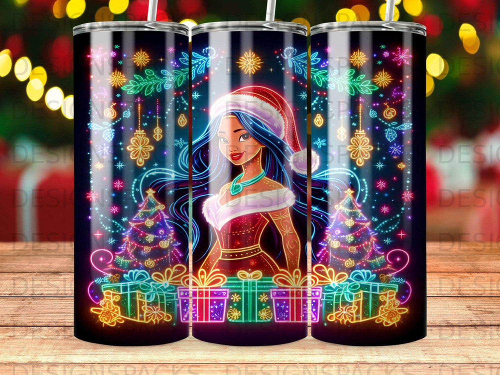Tangled character with Christmas lights, trees, and presents.