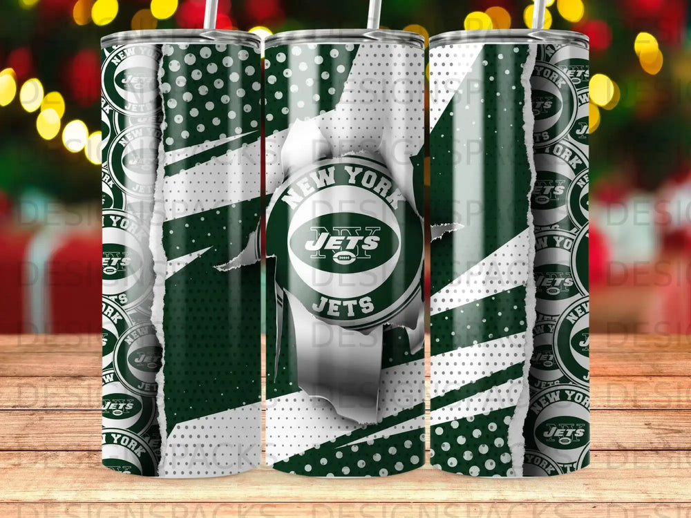 New York Jets logo on a green and white distressed tumbler.