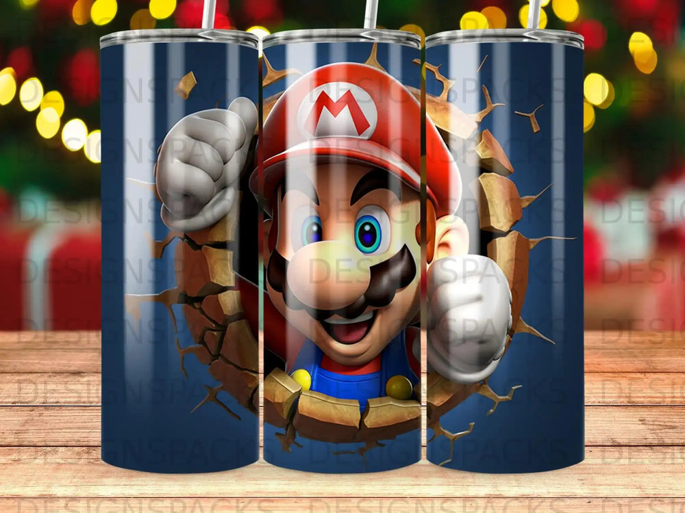 Mario peeking through a cracked wall, colorful background.