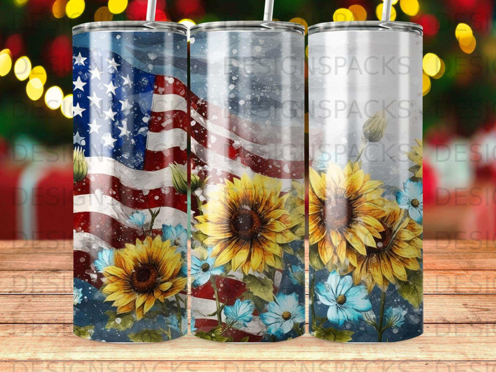 American flag and sunflowers on a tumbler.