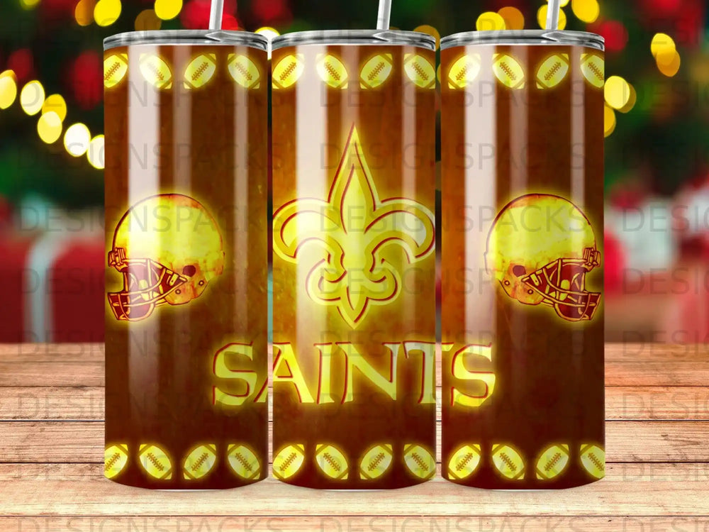 New Orleans Saints logo and football helmet design on a tumbler.