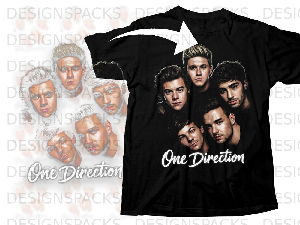 Black t-shirt featuring a graphic of the band One Direction members and the text "One Direction".