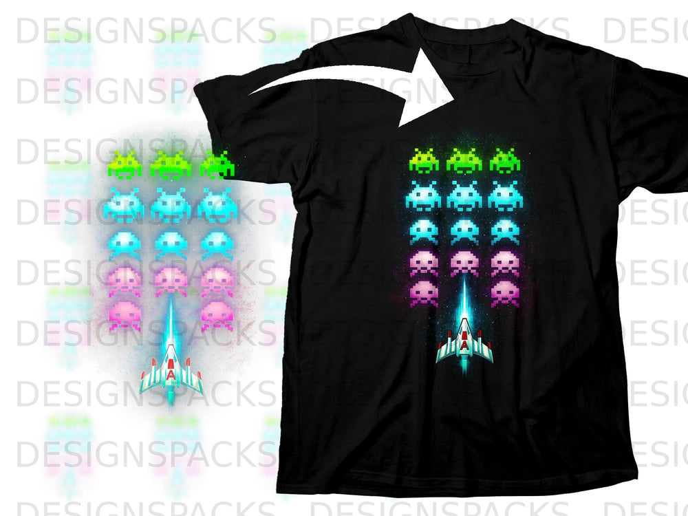 Black t-shirt with pixelated aliens and a spaceship shooting a laser.