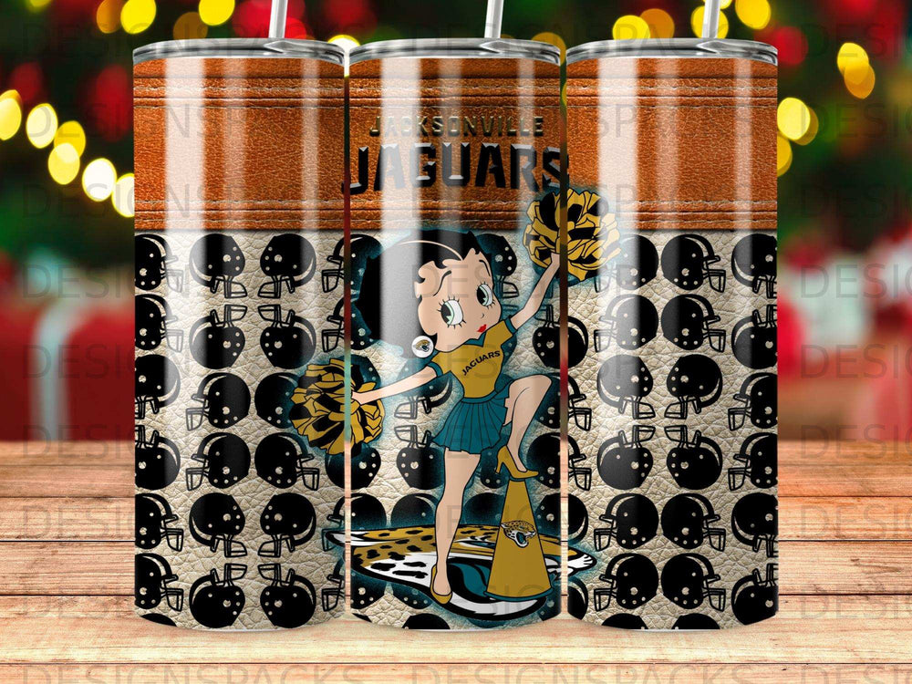 Betty Boop in Jaguars uniform with pom-poms and leopard print.