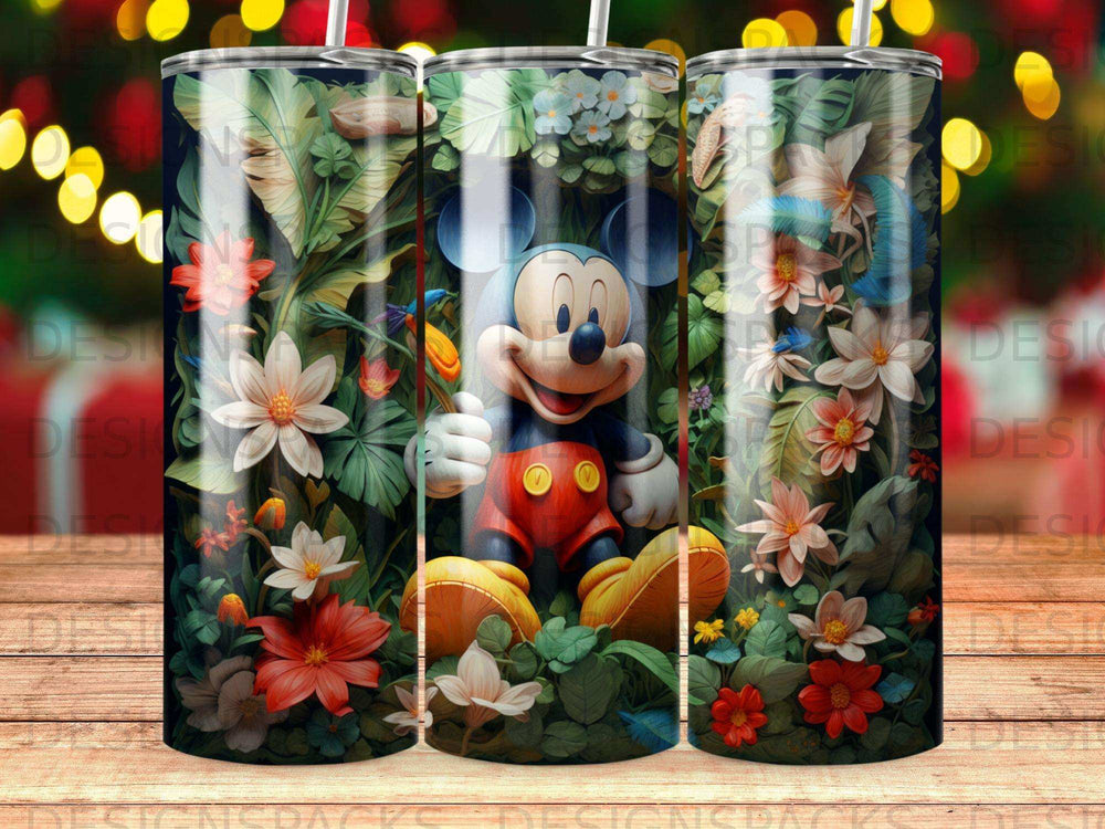 Mickey Mouse among vibrant tropical flowers and foliage.