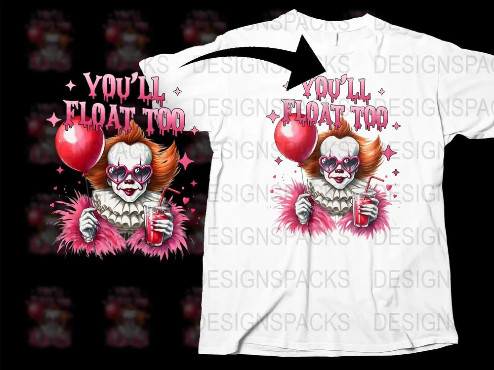You'll Float Too Clown Graphic T-Shirt, Horror Movie Inspired, Creepy Clown Design, Unisex Tee, Gift for Horror Fans