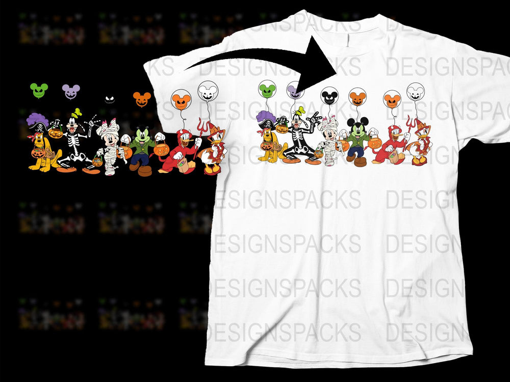 Halloween Cartoon Characters T-Shirt, Unisex White Tee with Colorful Ghosts and Monsters Print
