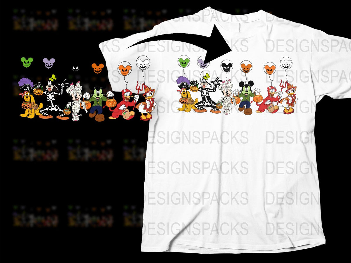 Halloween Cartoon Characters T-Shirt, Unisex White Tee with Colorful Ghosts and Monsters Print