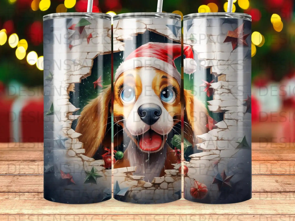 Dog wearing a Santa hat peeking through a cracked wall.