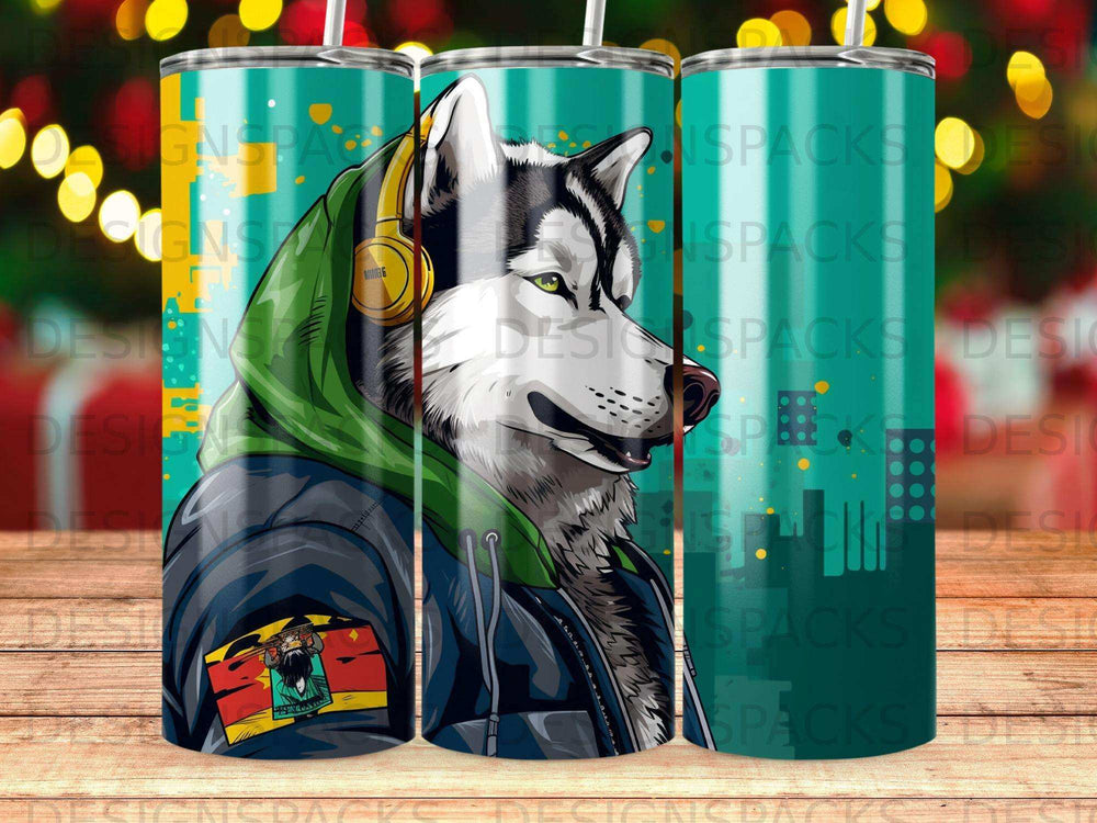 Husky wearing headphones and a green hoodie, looking to the side.